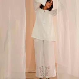 Libas White Cotton Embroidered A Line Short Kurti image 5