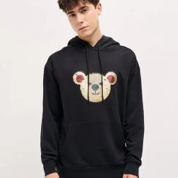 The Bear House Black Cotton Relaxed Fit Embellished Hooded Sweatshirt-picture-49
