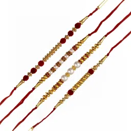 eCraftIndia Set of 4 Red, Golden, White Beads & Pearl Rakhis with Sibling Agreement & Roli Chawal image 5