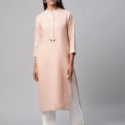 Linen Club Women Peach Embroidered Kurta-image-79