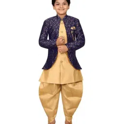 Ahhaaaa Kids Gold & Navy Embroidered Kurta Set-image-34