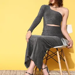 SASSAFRAS Women  Silver Solid Metallic Sheen Dress-image-95