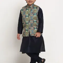 Benstoke Kids Navy & Green Printed Full Sleeves Kurta Set-picture-10
