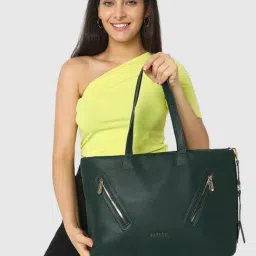Caprese Lilith Green Faux Leather Solid Laptop Tote Handbag-image-32