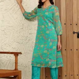 W Blue Cotton Printed A Line Kurta image 5