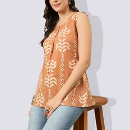 VANSIRI Women Cotton Leaf Printed Round Neck Sleeveless A-Line Top-picture-18