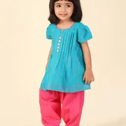 Fabindia Kids Blue & Pink Printed Kurta with Salwar image 3