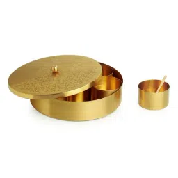 ExclusiveLane Floral-Etched' Handcrafted Spice Box In Brass With Spoon (7 Containers, 40 ML) image 4