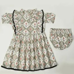 Bella Moda Kids Light Olive Printed Fit & Flare Dress with Bloomers-picture-22