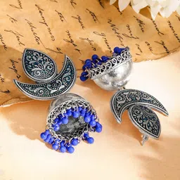 Rubans Oxidised Silver-Plated Green Enamel & Blue Beaded Dome Earrings image 4