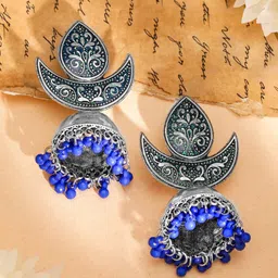 Rubans Oxidised Silver-Plated Green Enamel & Blue Beaded Dome Earrings image 3