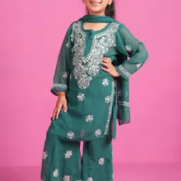 KHAKA Girls Embroidered Thread Work Kurta with Palazzos & With Dupatta image 4