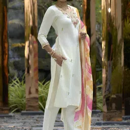 YOELLA Floral Embroidered V Neck Straight Kurta With Trousers And Dupatta image 2