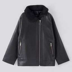 Pine Kids Full Sleeves Solid Leather Jacket With Sherpa Collar - Black-picture-3