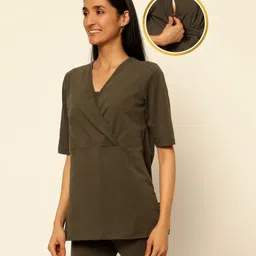 Zelena Half Sleeves Solid Maternity Feeding Top - Avocado Brown-image-79