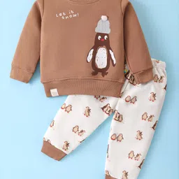 Mini Taurus Cotton Knit Full Sleeves Night Suit With Penguins Print - Brown-picture-13