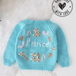 Woonie Full Sleeves Hand Knitted Prince Text Embroidered Sweater - Blue-picture-18