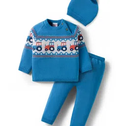 Babyhug Organic Cotton Knitted Full Raglan Sleeves Sweater Set With Tractor Design & Cap - Blue-picture-37
