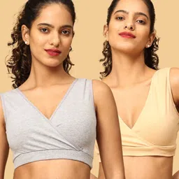 The Mom Store Cotton Knit Pack Of 2 Solid Maternity Nursing Sleep Bras - Grey & Beige-image-19