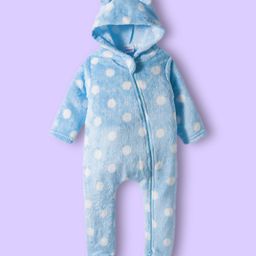 Babyhug Woven Full Sleeves Front Open Footed Hooded Winter Wear Romper with Polka Dot Design - Light Blue-picture-49