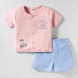 ToffyHouse Cotton Knit Half Sleeves Front Open T-Shirt & Checkered Shorts Set with Bear Embriodery - Peach & Light Blue-image-45