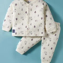First Smile Knit Full Sleeves Co-ords Winter Wear Night Suit With Animal Print - Cream-picture-21
