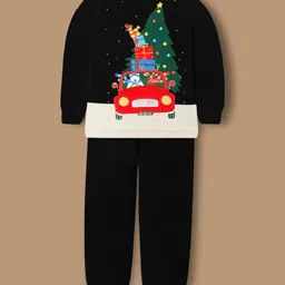 Cherry Crumble By Nitt Hyman Knit Christmas Theme Full Sleeves Tree Embroidered Unisex Winter Night Suit Set -Black-picture-15