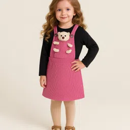 Little Marine Cotton Blend Knit Teddy Bear Applique Detailed Pinafore Dress With Full Sleeves Top - Pink & Black-picture-21