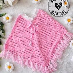 Woonie Handknitted Half Sleeves Tassel Detailed Poncho - Pink-picture-11