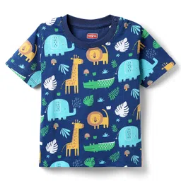 Babyhug Cotton Knit Half Sleeves Co-ords Shorts Night Suit with Jungle Theme Print - Navy Blue image 2