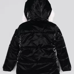 Primo Gino Woven Full Sleeves Fur Hooded Solid Padded Jacket - Black image 2