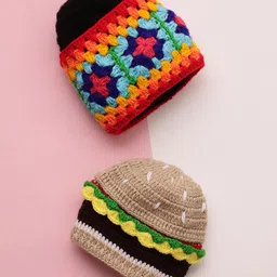 MayRa Knits Hand Knitted Woven Pack Of 2 Burger & Abstract Designed & Solid Crochet Caps With Detachable Headband - Black & Beige - Circumference 25 Cm image 2