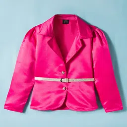 Hola Bonita Woven Mesh Glitter Solid Party Dress & Three Fourth Sleeves Satin Jacket With Belt - Fuchsia image 3