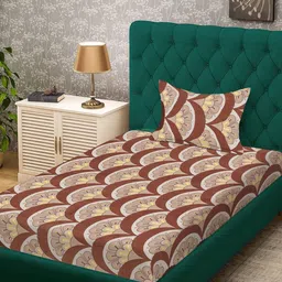 KLOTTHE Brown & Beige Floral 300 TC Single Bedsheet with 1 Pillow Covers-picture-21
