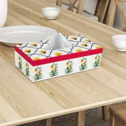 SEJ by Nisha Gupta Off White & Yellow Wooden Tissue Paper Box Holder - Set of 1 image 3