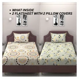 BELVOSTUM Green & Yellow Floral 250 TC 2 Single Bedsheet with 2 Pillow Covers-image-12