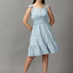 SHOWOFF Blue Printed A-Line Dress-image-17