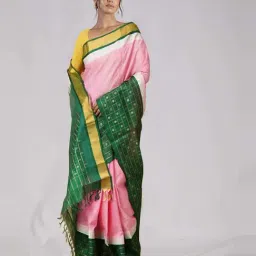 Unnati Silks Pink & Green Silk Woven Saree With Unstitched Blouse-image-15