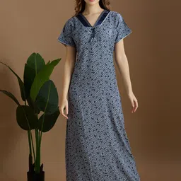 NIGHTSPREE Women Ethnic Motifs Printed V-Neck A-line Maxi Cotton Nightdress-image-9