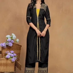 Sangria Black Embroidered Square Neck Three-Quarter Sleeves Top & Trouser-picture-41