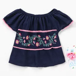 Babyhug Rayon Half Sleeves Top With Floral Embroidery & Pom Pom Lace Detailing - Navy Blue-picture-11