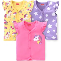 Babyhug 100% Cotton Knit Frill Sleeves Front Open Vests Unicorn & Star Print Pack of 3 - Pink Yellow & Purple-picture-32