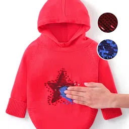 Babyhug Knitted Raglan Sleeves Hooded Sweater with Reversible Star Sequin Design - Coral-picture-19