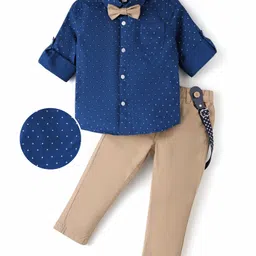 Mark & Mia Full Sleeves Printed Party Wear Shirt with Trouser Set with Suspender & Bow - Navy & Beige image 1