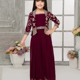 Tiny Kingdom Georgette Floral Embroidered Top Palazzo With Three Fourth Sleeves Jacket Set - Wine-picture-13