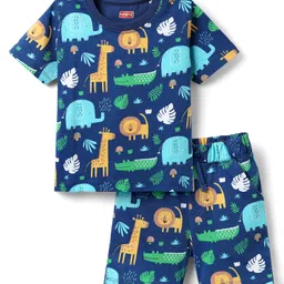 Babyhug Cotton Knit Half Sleeves Co-ords Shorts Night Suit with Jungle Theme Print - Navy Blue-picture-26