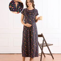 Bella Mama Cotton Knit Half Sleeves Nighty with Concealed Zipper & Floral Print - Navy Blue-picture-3