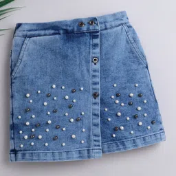 Bright Stars KIDSWEAR Cotton Blend Denim Pearls Embellished Skort - Blue-image-50