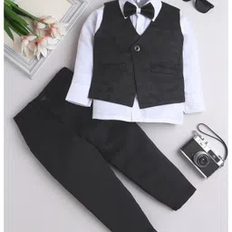 Fourfolds Satin Woven Full Sleeves Textured 3 Piece Party Suit With Bow Set - Black-picture-27
