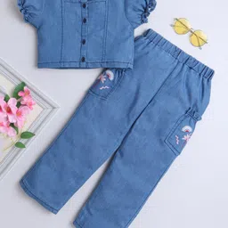 Bright Stars KIDSWEAR Woven Half Puffed Sleeves Solid Top & Tree Embroidered Pant Set - Blue-picture-25